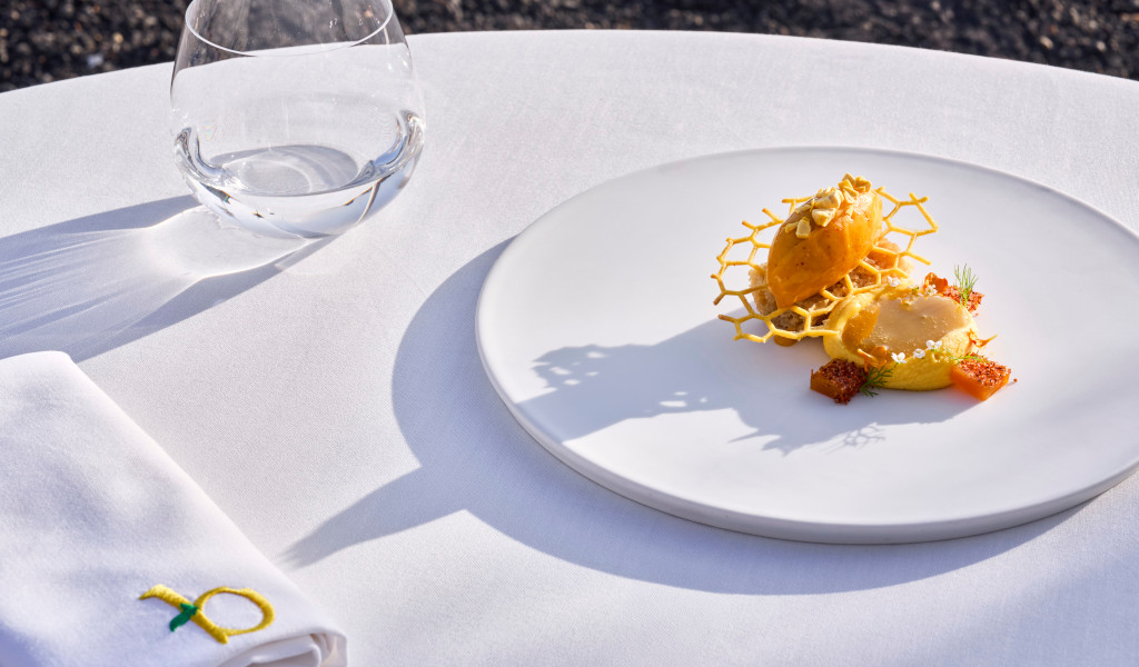 Haute cuisine dish with modern dessert in a restaurant in Tenerife.