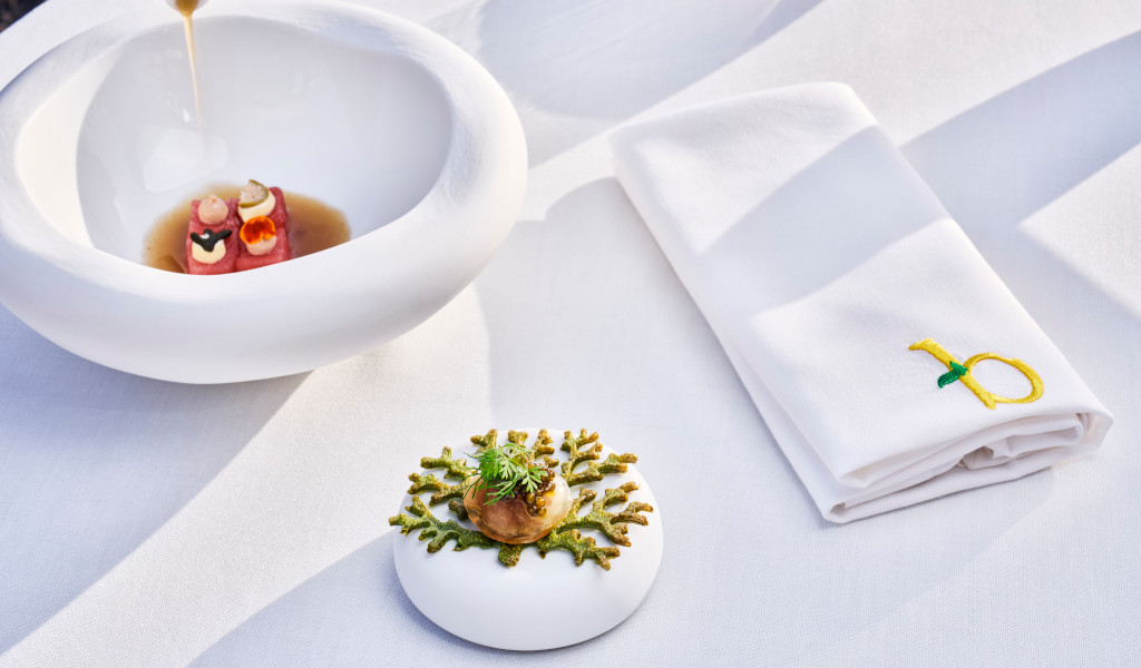 Gourmet dish with sauce and embroidered napkin in a restaurant in Tenerife.