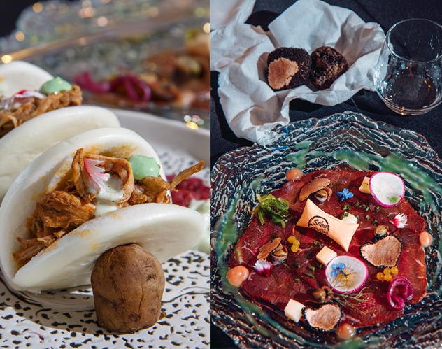 Bao rolls with meat filling and tuna tartare with garnishes in Tenerife.