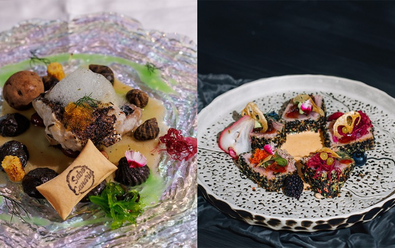 Gourmet dishes with fish and side dishes in a restaurant in Tenerife.