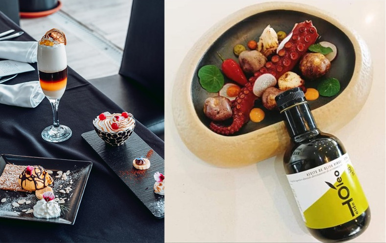 Gourmet dessert and bottle of oil with octopus and vegetables on a plate in Tenerife.