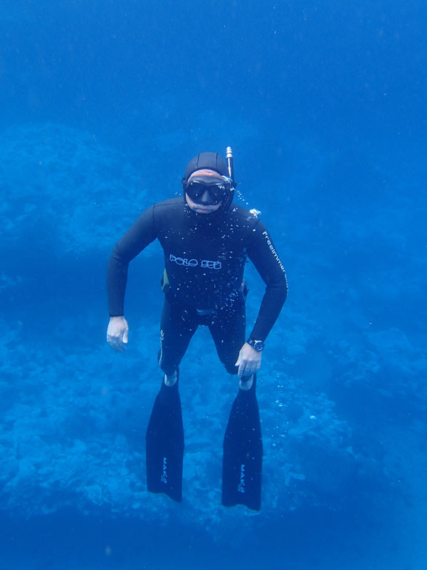 Diver in the sea with black suit and fins near the coast of Tenerife.