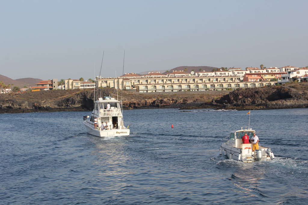 Boats at sea near the coast in Tenerife, with buildings in the background.