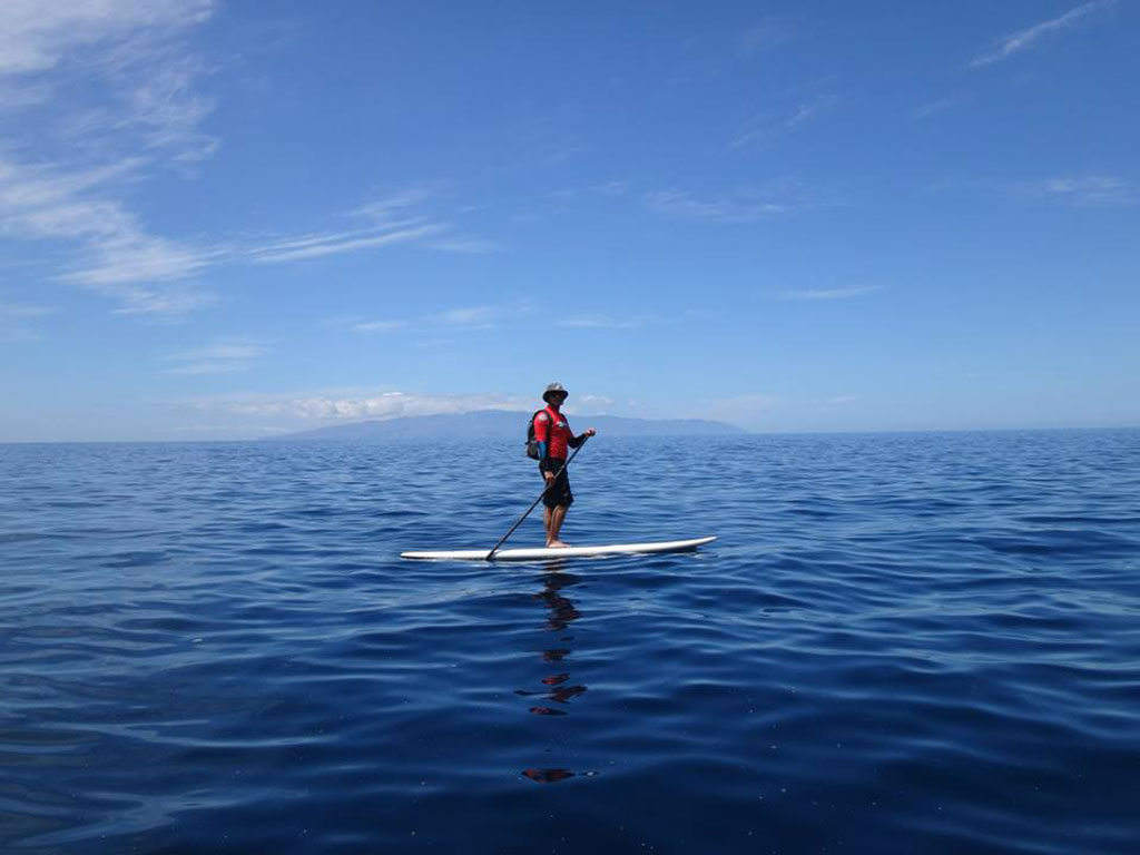 Person practicing paddle surfing in the sea near Tenerife.