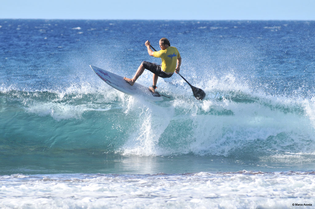 Person paddle surfing on a wave in Tenerife.