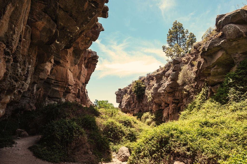 Ravine with vegetation and rocks in Tenerife, under a partly cloudy sky.