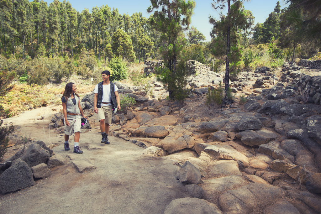 Couple walking along rocky path in Tenerife forest.