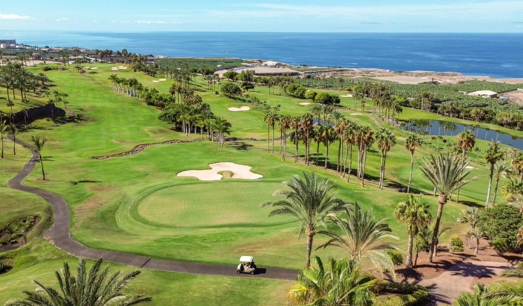 Golf course with palm trees by the sea in Costa Adeje, Tenerife.