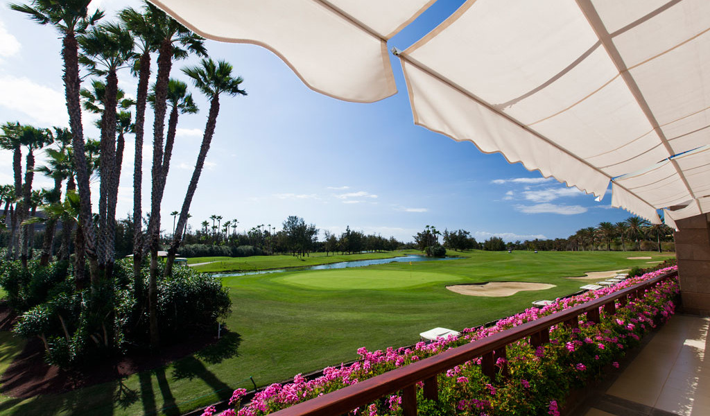 Golf course with palm trees and well-kept lawns in Tenerife.