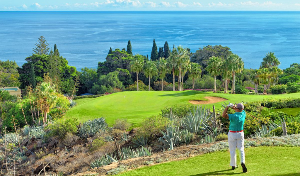 Golf player on a course near the sea in Tenerife, surrounded by greenery and palm trees.