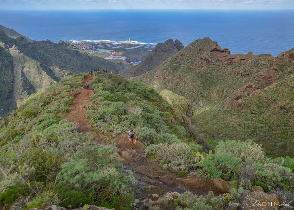 Mountain trail in Anaga, Tenerife, with ocean views and walkers.