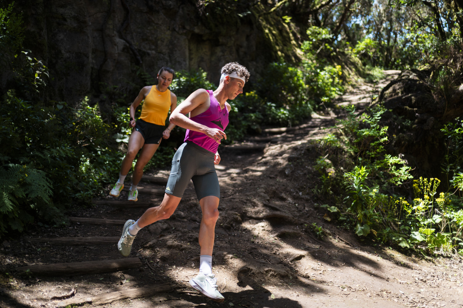 Runners on a wooded path in Tenerife.