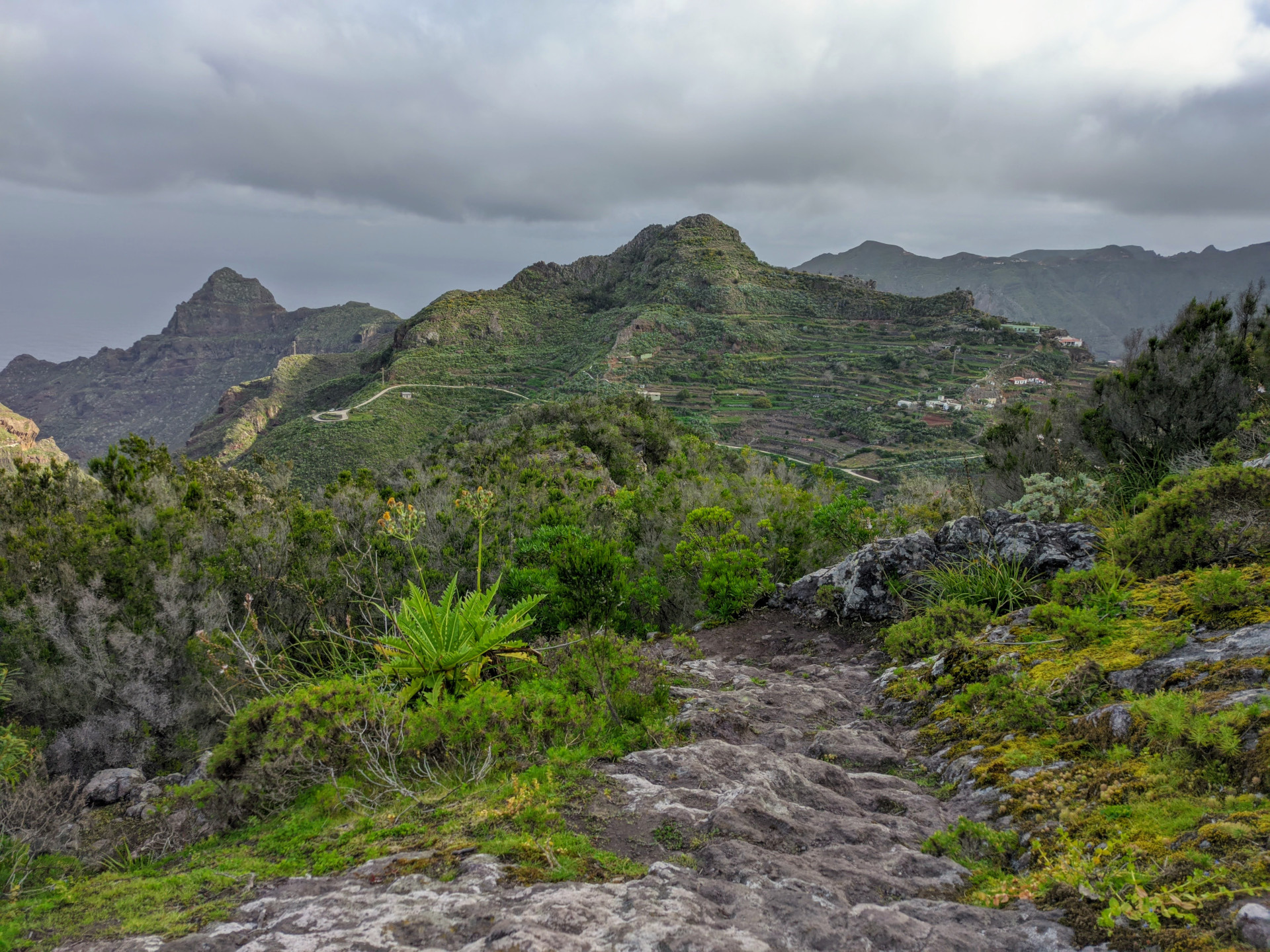 Mountainous landscape in Teno, Tenerife, with rocky path and green vegetation.