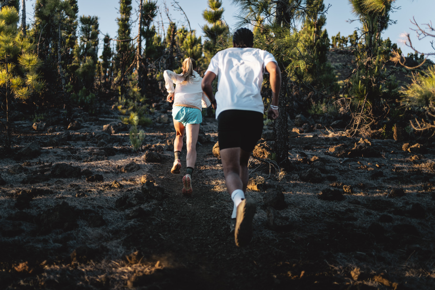 People running on a wooded path in Tenerife.