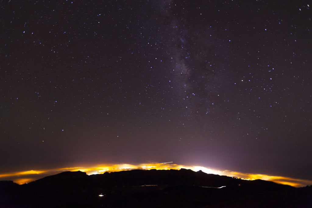 Starry sky over Mount Teide in Tenerife at night.