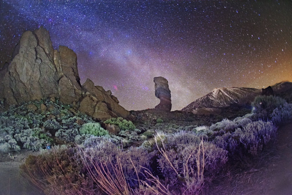 Rock formations and starry sky in Teide National Park, Tenerife.