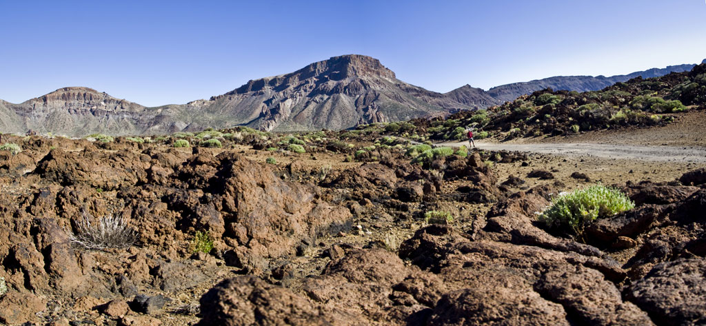 Volcanic landscape of the Teide National Park in Tenerife with mountains in the background.