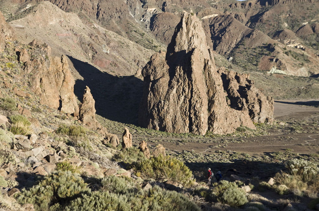 Rock formations in Teide National Park, Tenerife, with vegetation in the foreground.