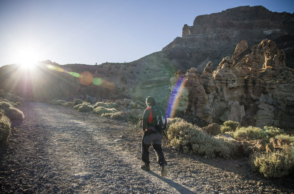 Person walking on a trail on Mount Teide at dawn, Tenerife.