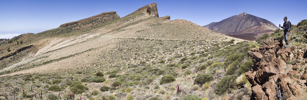 Trail in Teide National Park, Tenerife, with a hiker and the volcano in the background.