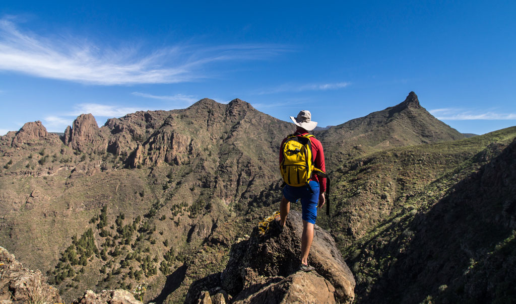 Person with backpack looking at mountains in Tenerife under blue sky.