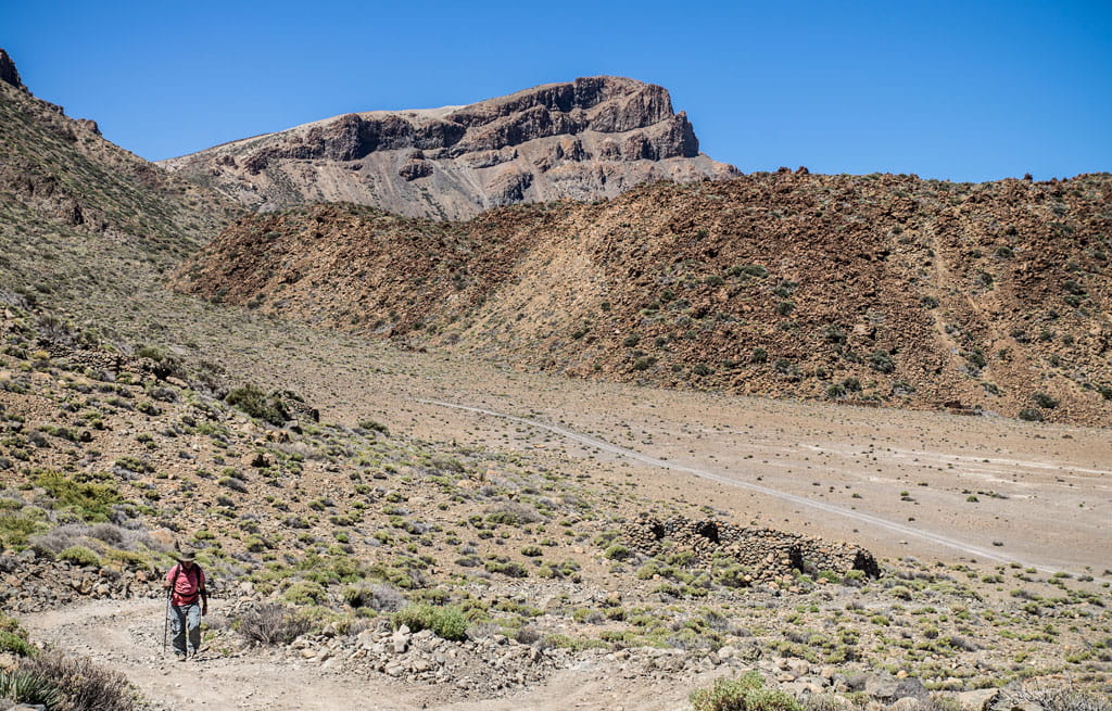 Hiker in the volcanic landscape of Teide National Park, Tenerife.