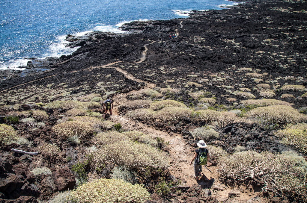 People walking on volcanic trail near the coast in Tenerife.