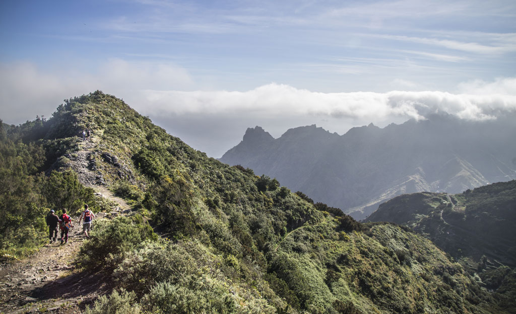 Mountainous trail in Tenerife with hikers and clouds on the horizon.