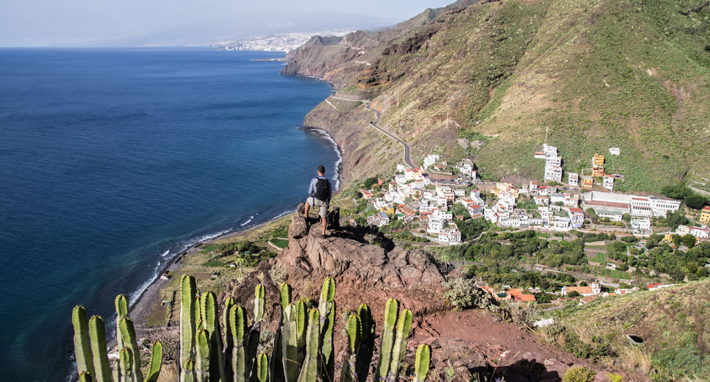 Person enjoying the view from a cliff in Tenerife, next to the ocean and a village.