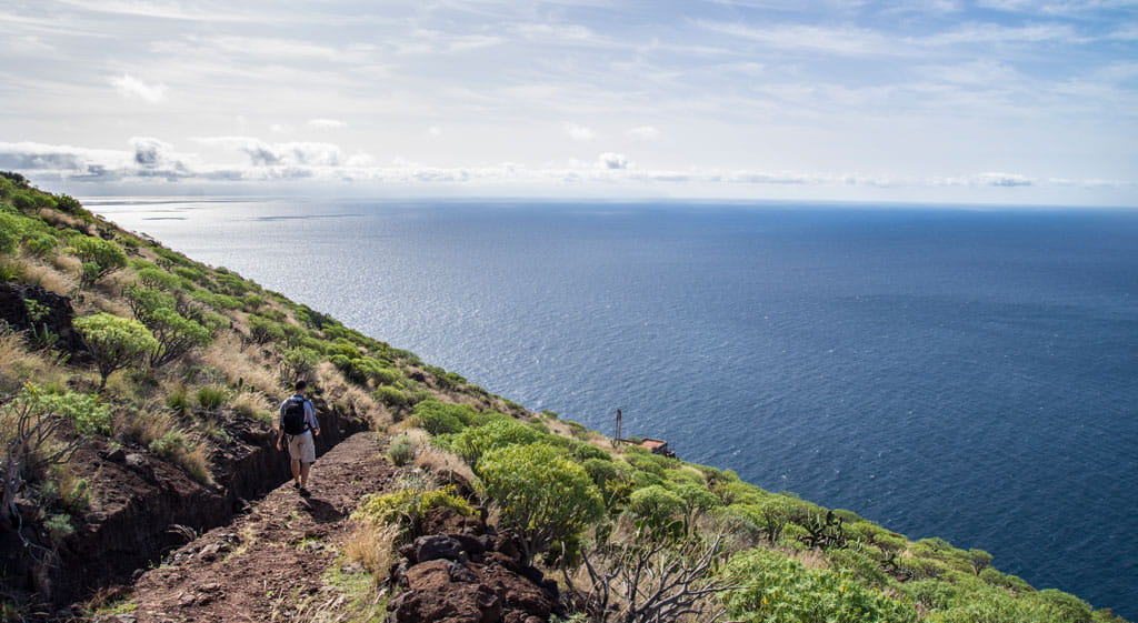Seaside trail on a green cliff in Tenerife, clear sky.