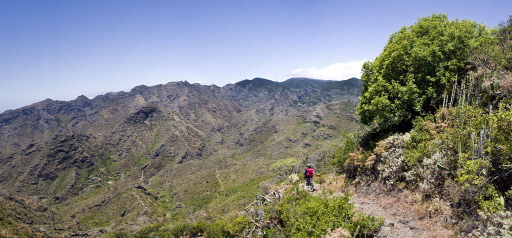 Mountainous trail in Teno Rural Park, Tenerife, with panoramic views.