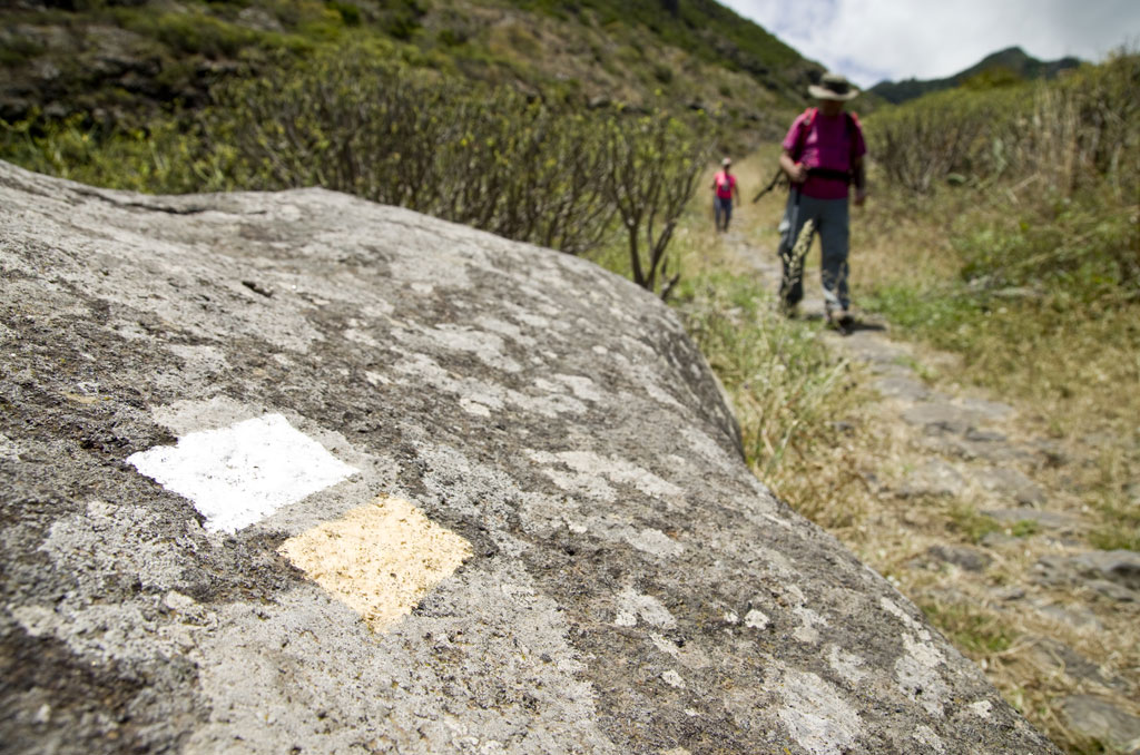 Trail in Tenerife marked with white and yellow paint, people walking.