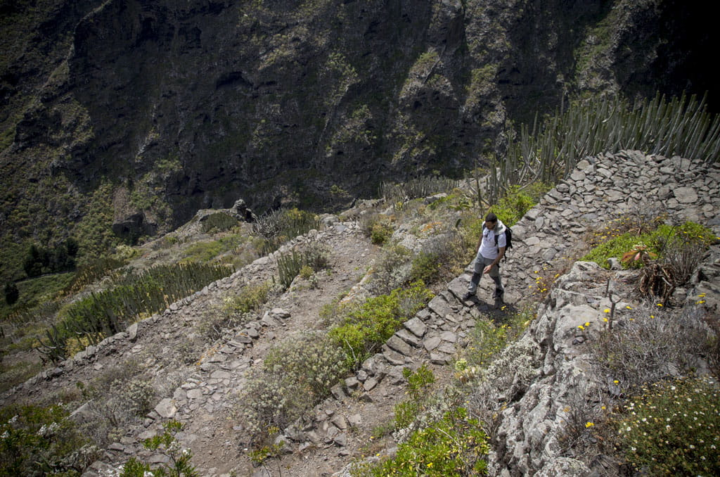 Hiker descending a rocky path in the Barranco de Masca, Tenerife.