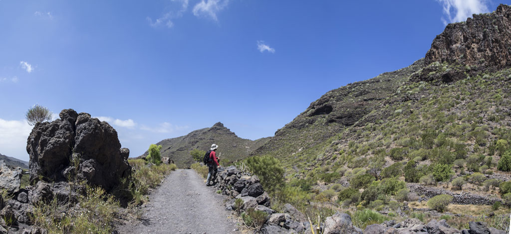 Mountain trail with one person walking, surrounded by rocks and vegetation in Tenerife.