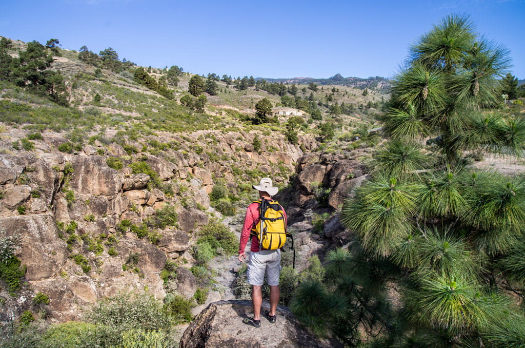 Person with yellow backpack observing mountainous landscape in Tenerife.