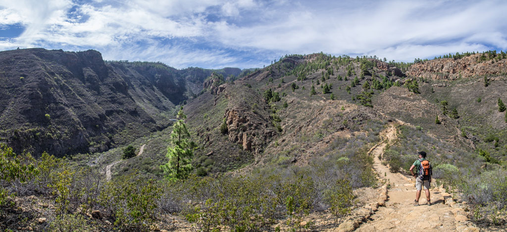 Hiking trail in Anaga Rural Park, Tenerife, with mountains in the background.