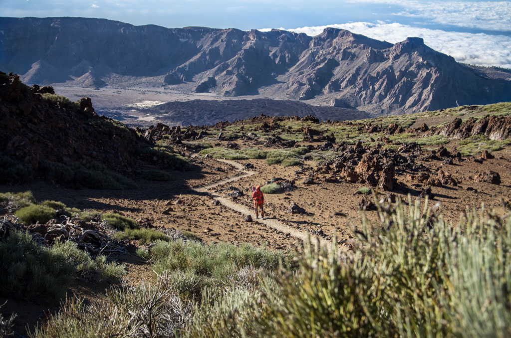Mountainous trail of the Teide National Park, Tenerife, with person walking.