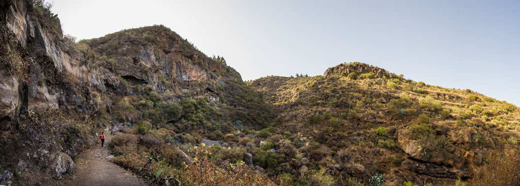 Trail with rocky hills and vegetation in a landscape of Tenerife.