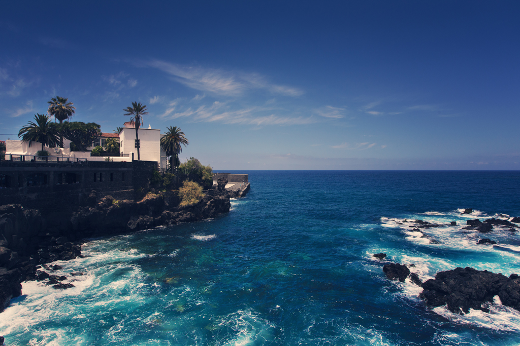Rocky coast and waters of the Atlantic Sea in Puerto de la Cruz, Tenerife.