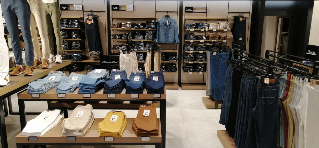 Pants and clothes in clothing store in Tenerife.