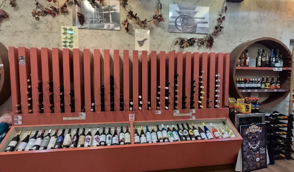 Bottles of wine on display in a shop in Tenerife.