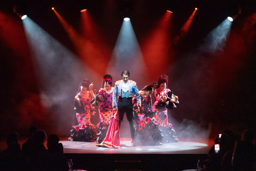 Flamenco dancers performing under lights on a stage in Tenerife.