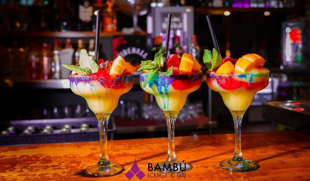 Three colourful cocktails at the Bambú Lounge bar, Tenerife.