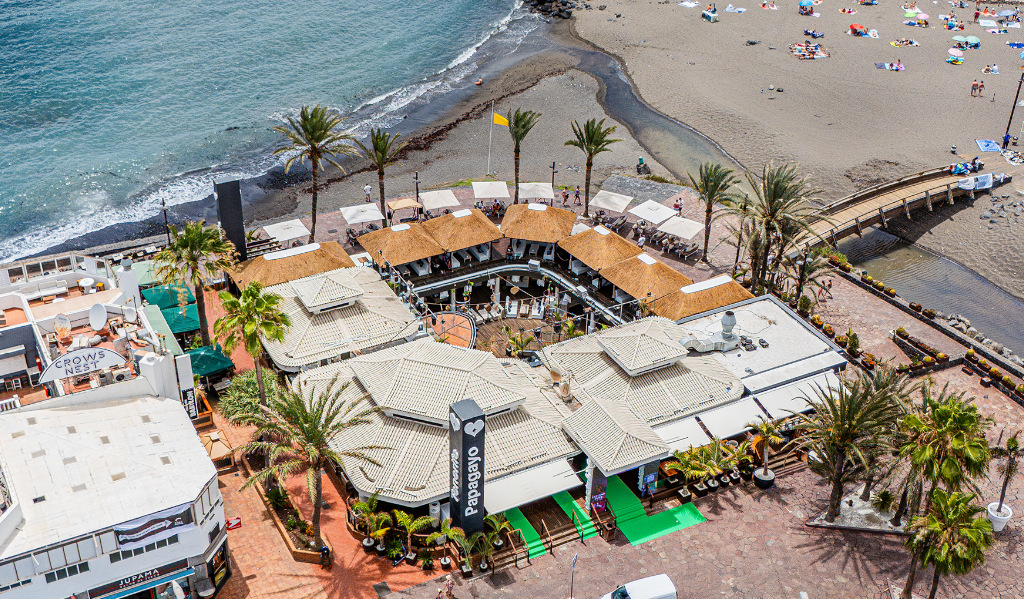 Aerial view of a beachside restaurant in Tenerife.