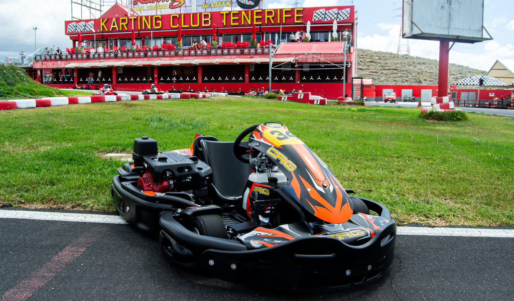 Kart on the track in front of the Karting Club Tenerife building.