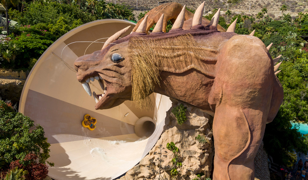 Lion sculpture on the Vulcano slide in Siam Park, Tenerife.