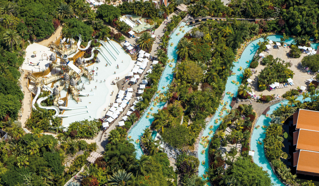 Water park with slides and river in Siam Park, Tenerife.