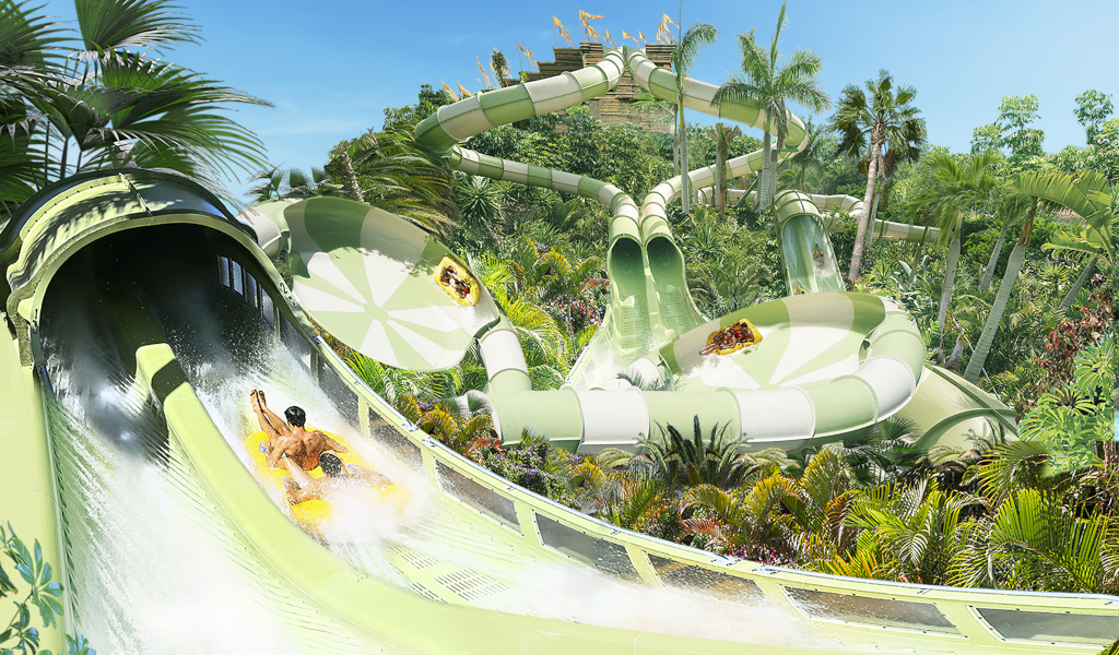 People on a water slide in Siam Park, Tenerife.