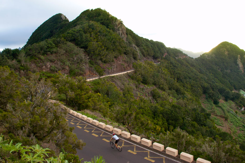 Cyclist going down the road in the Anaga Rural Park, Tenerife.