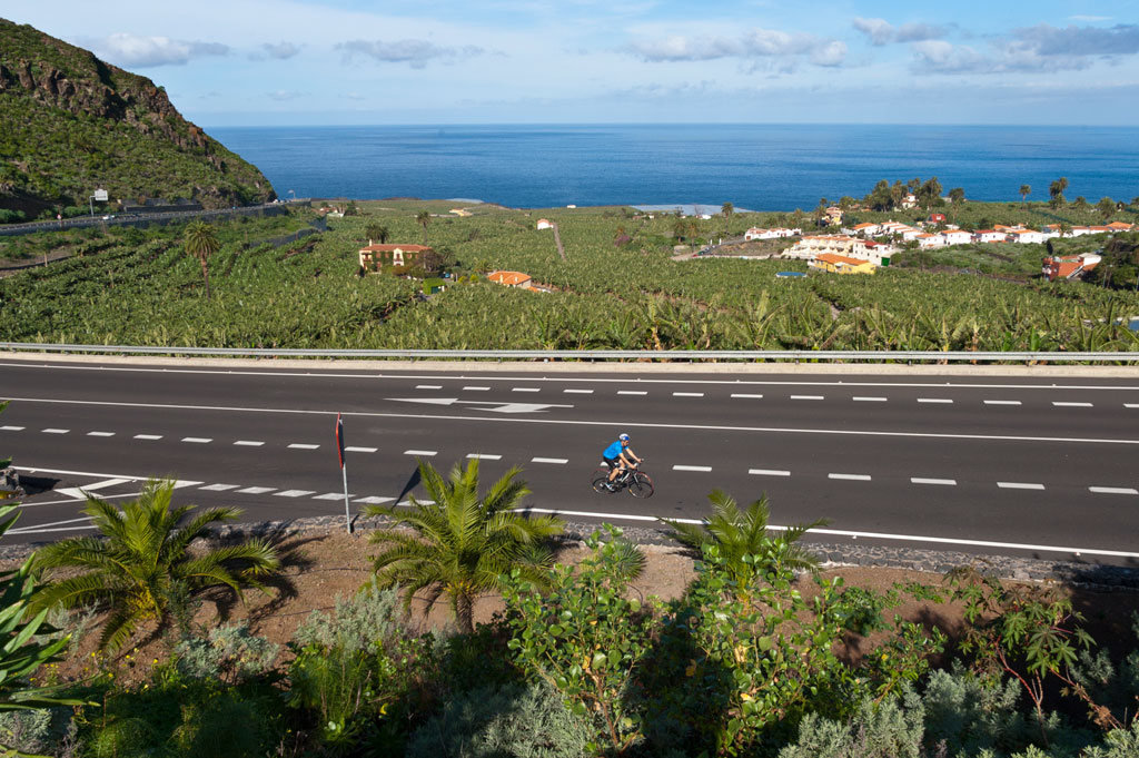 Cyclist on road close to plantations and houses in Tenerife.